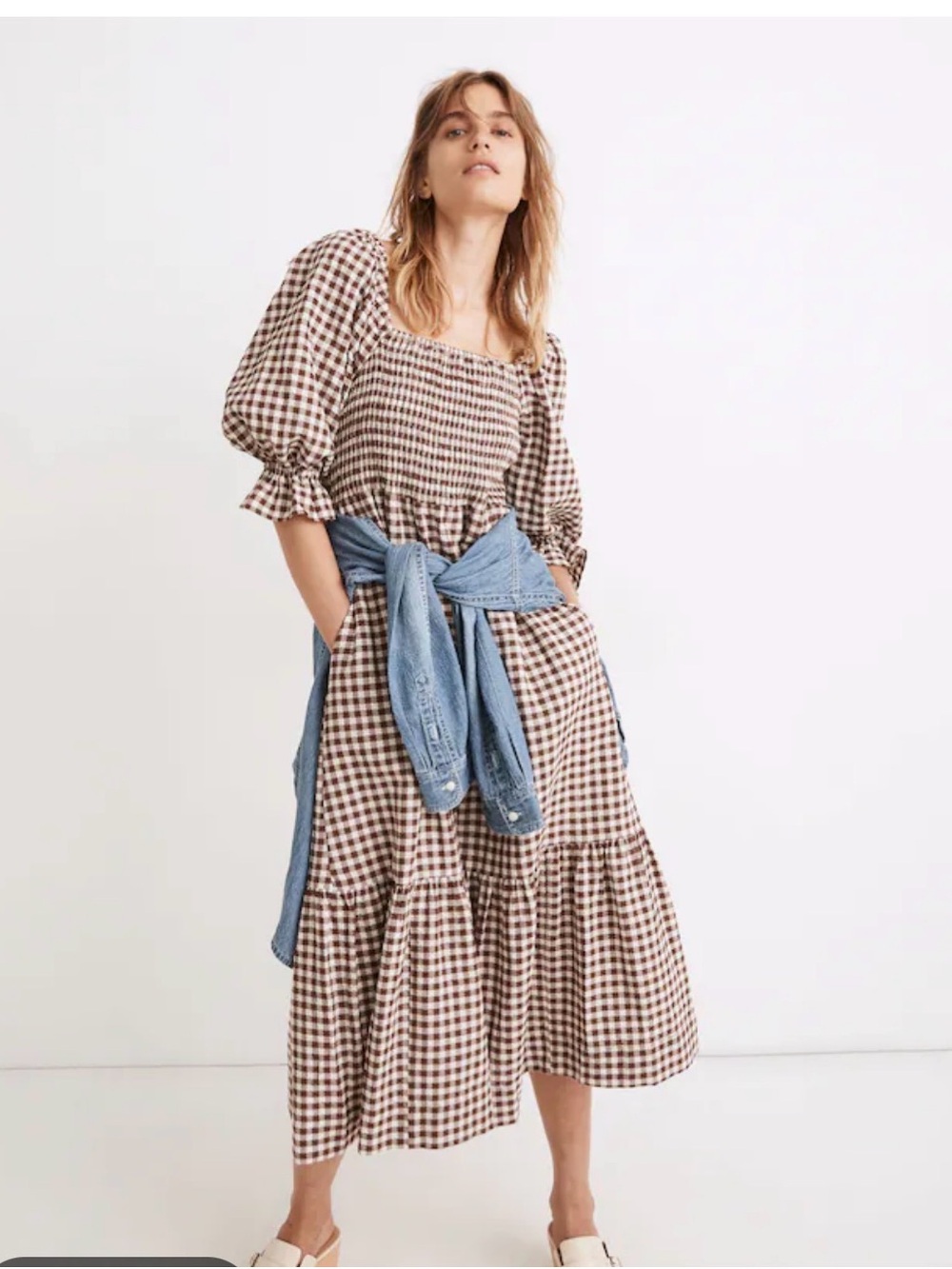 Madewell Brown and Cream Gingham Midi Dress